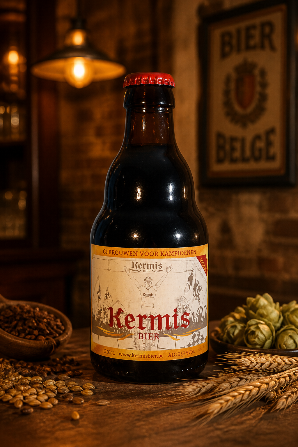 Kermis Bruin bottle in a warm Belgian café setting