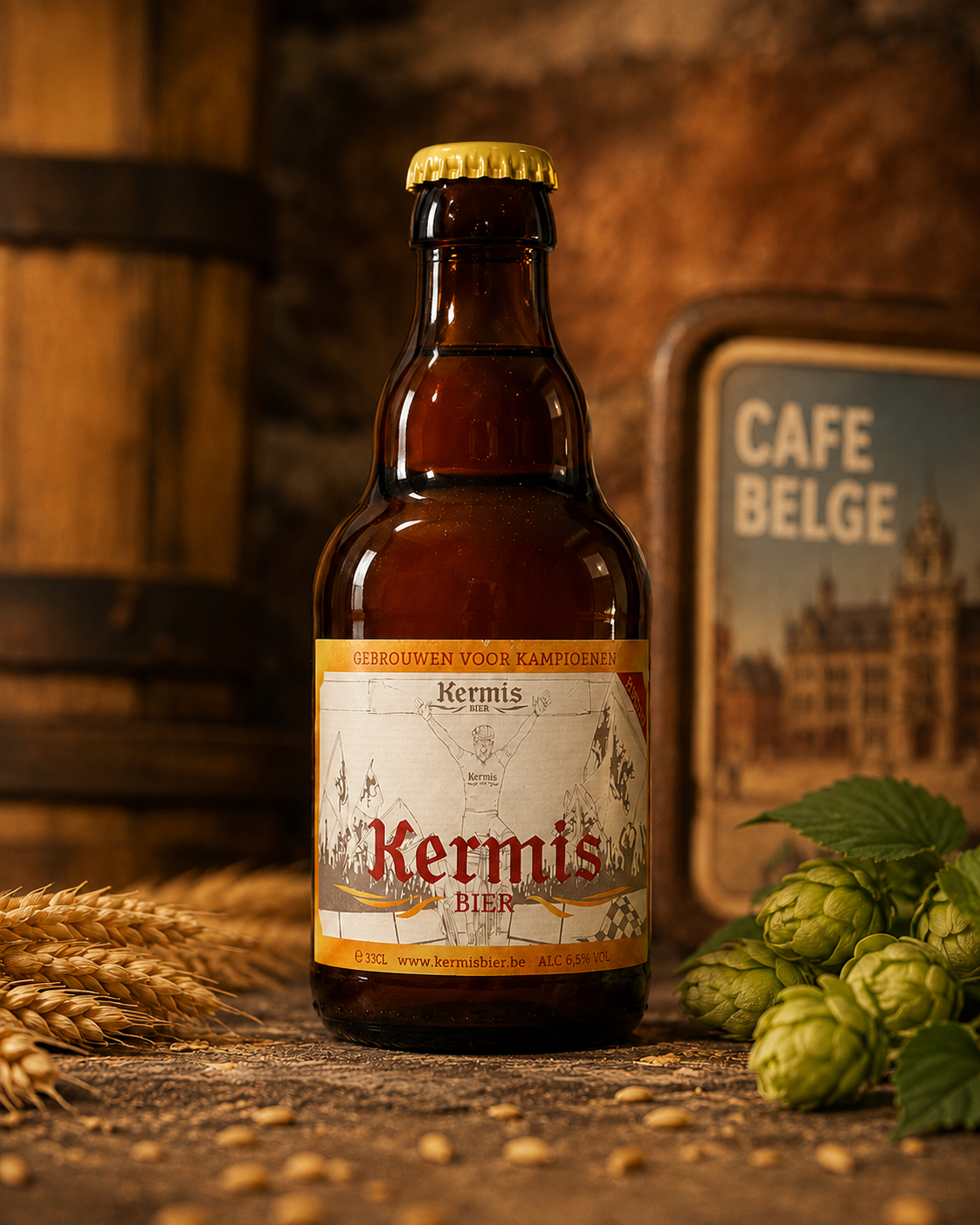 Kermis Blond bottle in a warm Belgian café setting